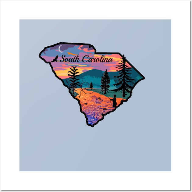 Fly Fishing South Carolina State Map Mountain Sunset River Retro Wall Art by TeeCreations